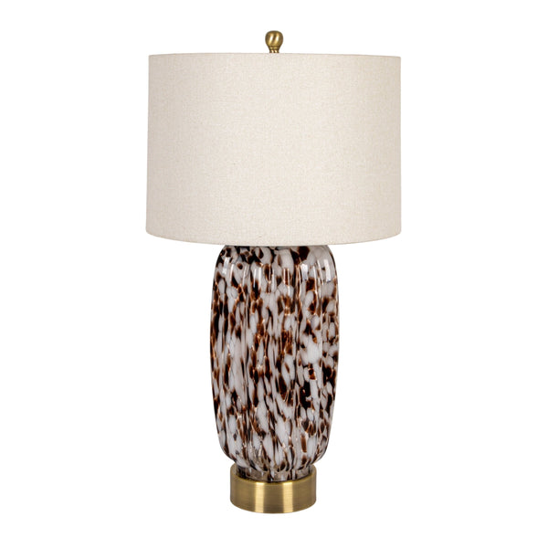 Rowena Interiors 30 Inch Tortoise Art Glass Table Lamp with Amber Swirl Body and Linen Drum Shade EC2078