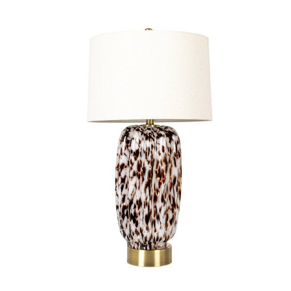 Rowena Interiors 30 Inch Tortoise Art Glass Table Lamp with Amber Swirl Body and Linen Drum Shade EC2078