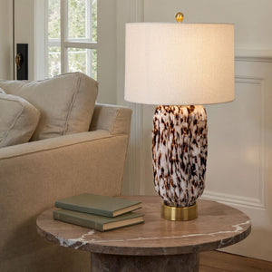 Rowena Interiors 30 Inch Tortoise Art Glass Table Lamp with Amber Swirl Body and Linen Drum Shade EC2078