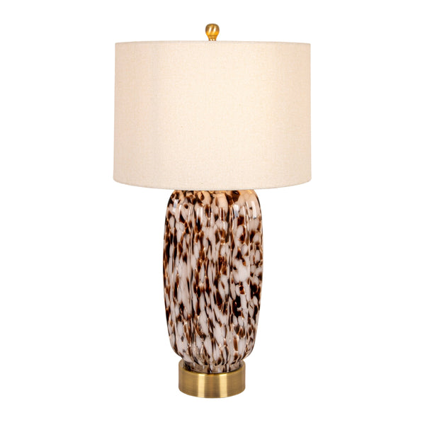 Rowena Interiors 30 Inch Tortoise Art Glass Table Lamp with Amber Swirl Body and Linen Drum Shade EC2078