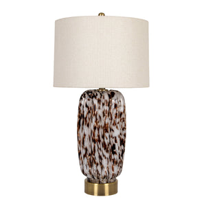 Rowena Interiors 30 Inch Tortoise Art Glass Table Lamp with Amber Swirl Body and Linen Drum Shade EC2078