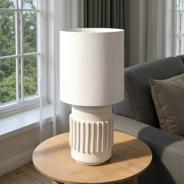 Rowena Interiors 28 Inch Fluted Stoneware Table Lamp Ivory Glazed Base with Warm Linen Drum Shade EC2079