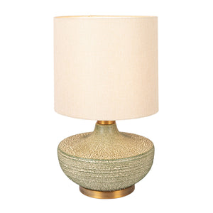 Rowena Interiors 25.5 Inch Stoneware Table Lamp with Gold Hardware and Warm Neutral Linen Shade EC2080