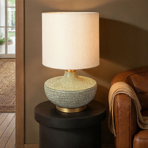 Rowena Interiors 25.5 Inch Stoneware Table Lamp with Gold Hardware and Warm Neutral Linen Shade EC2080