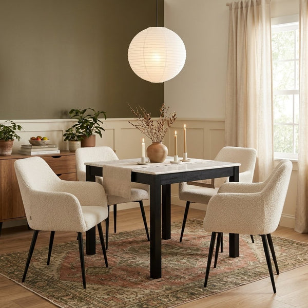 Rowena Interiors Square Solid Teak Marble Dining Table Seats Four Farmhouse Style Compact Nook Black EC2084