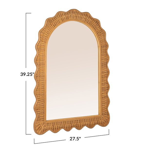 Rowena Interiors Arched Rattan Wall Mirror Handwoven Scalloped Frame Boho Coastal Entryway Decor EC2087
