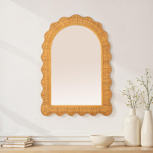 Rowena Interiors Arched Rattan Wall Mirror Handwoven Scalloped Frame Boho Coastal Entryway Decor EC2087