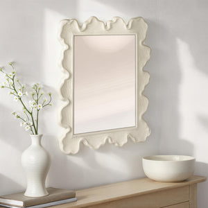 Rowena Interiors Rectangular White Metal Wall Mirror with Scalloped Faux Bois Frame for Farmhouse Decor EC2088