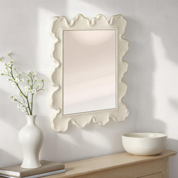Rowena Interiors Rectangular White Metal Wall Mirror with Scalloped Faux Bois Frame for Farmhouse Decor EC2088