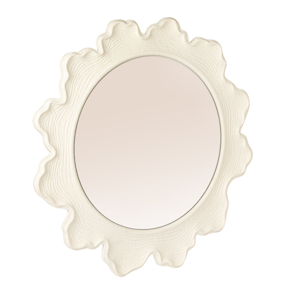 Rowena Interiors Round Matte White Metal Mirror Faux Bois Scalloped Frame for Farmhouse or Coastal Decor EC2089