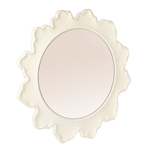 Rowena Interiors Round Matte White Metal Mirror Faux Bois Scalloped Frame for Farmhouse or Coastal Decor EC2089