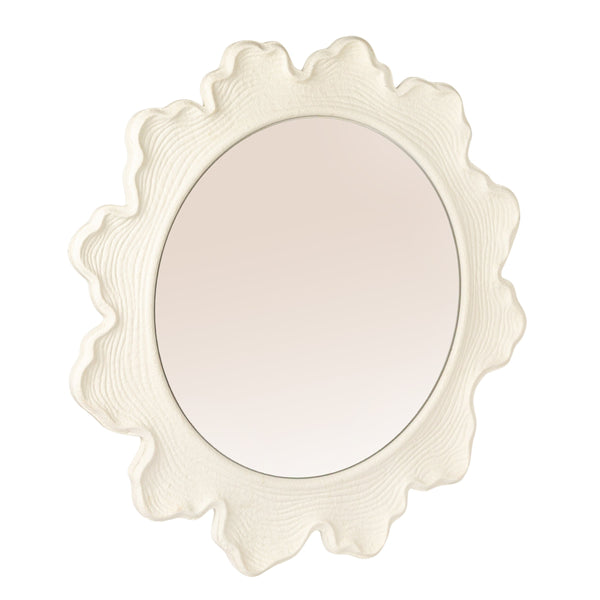 Rowena Interiors Round Matte White Metal Mirror Faux Bois Scalloped Frame for Farmhouse or Coastal Decor EC2089