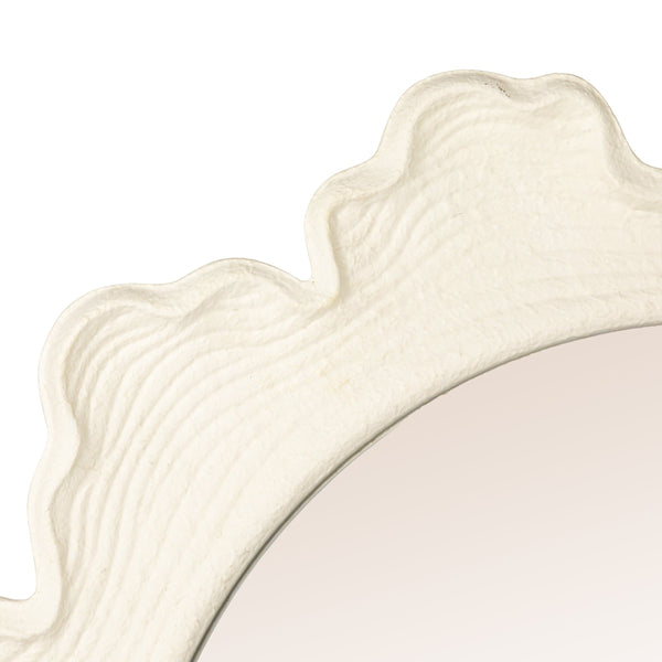 Rowena Interiors Round Matte White Metal Mirror Faux Bois Scalloped Frame for Farmhouse or Coastal Decor EC2089