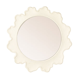 Rowena Interiors Round Matte White Metal Mirror Faux Bois Scalloped Frame for Farmhouse or Coastal Decor EC2089