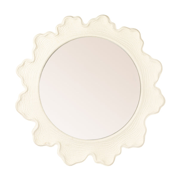 Rowena Interiors Round Matte White Metal Mirror Faux Bois Scalloped Frame for Farmhouse or Coastal Decor EC2089