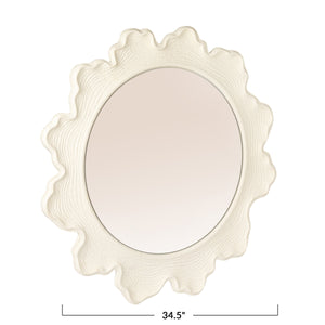 Rowena Interiors Round Matte White Metal Mirror Faux Bois Scalloped Frame for Farmhouse or Coastal Decor EC2089