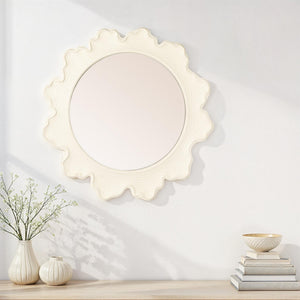 Rowena Interiors Round Matte White Metal Mirror Faux Bois Scalloped Frame for Farmhouse or Coastal Decor EC2089