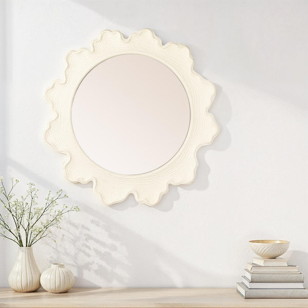 Rowena Interiors Round Matte White Metal Mirror Faux Bois Scalloped Frame for Farmhouse or Coastal Decor EC2089