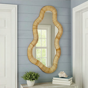 Rowena Interiors Wavy Organic Bamboo Wrapped Wall Mirror with Sculptural Silhouette for Boho Interiors EC2090