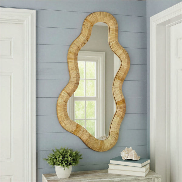Rowena Interiors Wavy Organic Bamboo Wrapped Wall Mirror with Sculptural Silhouette for Boho Interiors EC2090