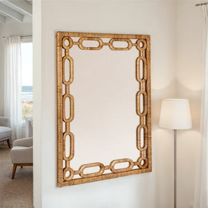 Rowena Interiors Rectangular Bamboo Woven Wall Mirror with Chain Border for Coastal Boho Decor EC2091