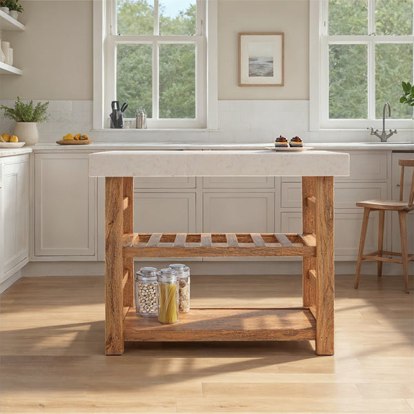 Rowena Interiors Mango Wood Marble Top Console Table Natural Stone Kitchen Island for Entryway EC2095