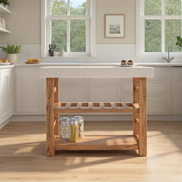 Rowena Interiors Mango Wood Marble Top Console Table Natural Stone Kitchen Island for Entryway EC2095
