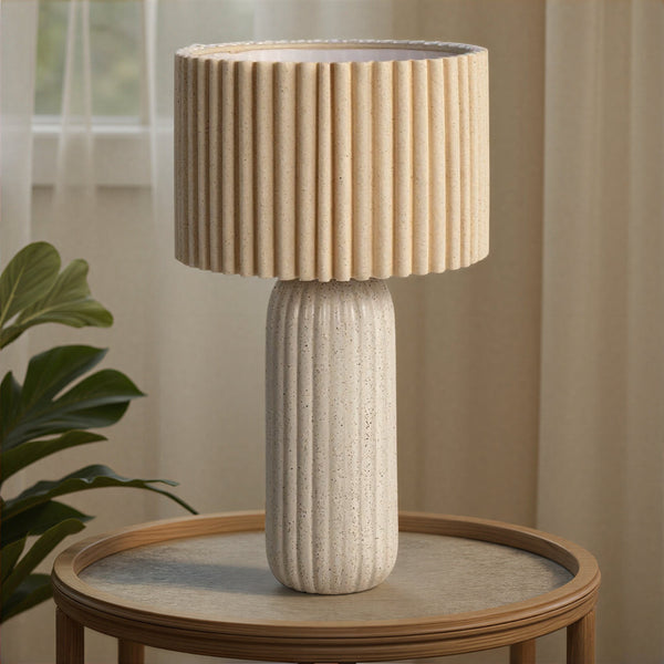 Rowena Interiors 19 Inch Ribbed Stoneware Base Table Lamp with Linen Accordion Drum Shade for Any Room EC2106