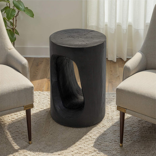 Rowena Interiors Magnesium Oxide Sculptural Faux Wood Accent Table Matte Black Geometric Indoor Outdoor EC2111