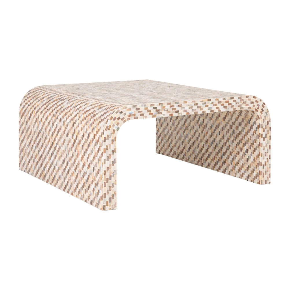 Rowena Interiors Mother of Pearl Hand Inlaid Waterfall Coffee Table for Glam Living Rooms 33.5"L x 33.6"W x 16.75"H EC2158
