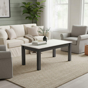 Rowena Interiors Rectangular Teak and Marble Coffee Table with Natural Stone Top for Modern Living Rooms Black EC2166