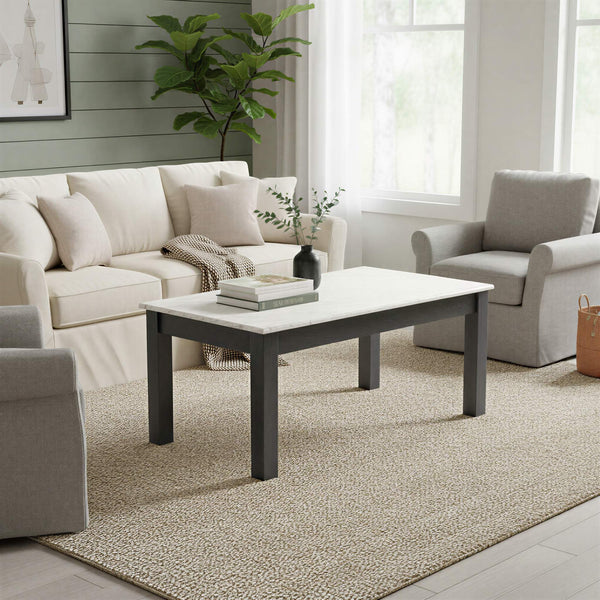 Rowena Interiors Rectangular Teak and Marble Coffee Table with Natural Stone Top for Modern Living Rooms Black EC2166