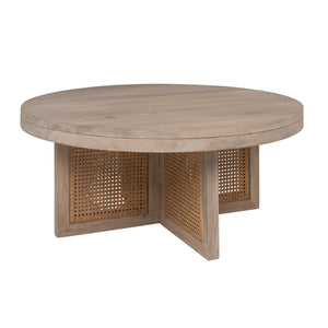 Rowena Interiors Mango Wood Round Coffee Table with Woven Cane Top Low Profile Bohemian Living Room Natural EC2179