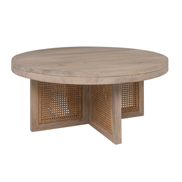 Rowena Interiors Mango Wood Round Coffee Table with Woven Cane Top Low Profile Bohemian Living Room Natural EC2179