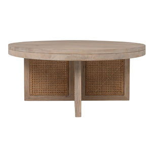 Rowena Interiors Mango Wood Round Coffee Table with Woven Cane Top Low Profile Bohemian Living Room Natural EC2179