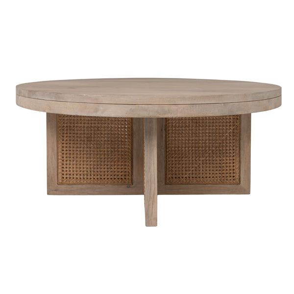 Rowena Interiors Mango Wood Round Coffee Table with Woven Cane Top Low Profile Bohemian Living Room Natural EC2179