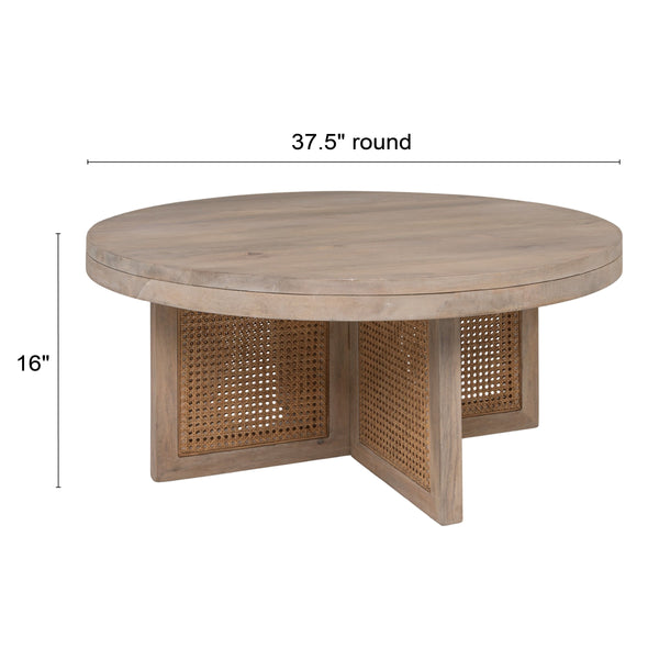 Rowena Interiors Mango Wood Round Coffee Table with Woven Cane Top Low Profile Bohemian Living Room Natural EC2179