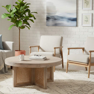 Rowena Interiors Mango Wood Round Coffee Table with Woven Cane Top Low Profile Bohemian Living Room Natural EC2179