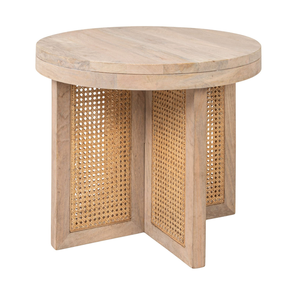 Rowena Interiors Mango Wood Round End Table with Woven Cane Panels for Living Room or Bedside Natural EC2180