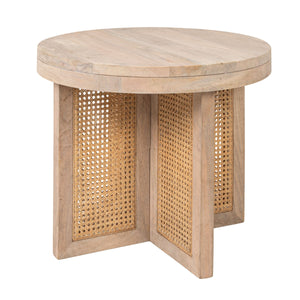 Rowena Interiors Mango Wood Round End Table with Woven Cane Panels for Living Room or Bedside Natural EC2180