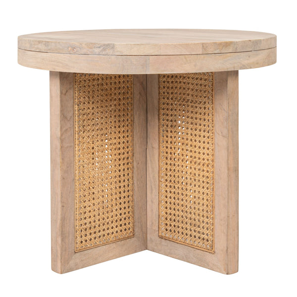 Rowena Interiors Mango Wood Round End Table with Woven Cane Panels for Living Room or Bedside Natural EC2180
