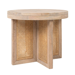 Rowena Interiors Mango Wood Round End Table with Woven Cane Panels for Living Room or Bedside Natural EC2180