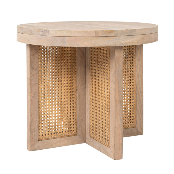 Rowena Interiors Mango Wood Round End Table with Woven Cane Panels for Living Room or Bedside Natural EC2180
