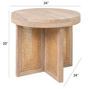 Rowena Interiors Mango Wood Round End Table with Woven Cane Panels for Living Room or Bedside Natural EC2180