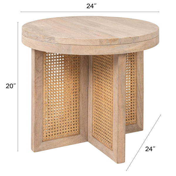 Rowena Interiors Mango Wood Round End Table with Woven Cane Panels for Living Room or Bedside Natural EC2180