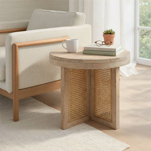 Rowena Interiors Mango Wood Round End Table with Woven Cane Panels for Living Room or Bedside Natural EC2180