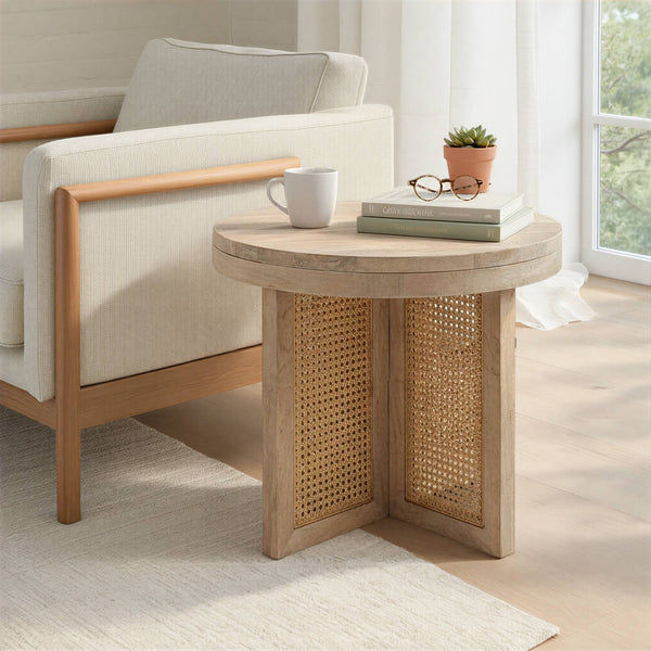 Rowena Interiors Mango Wood Round End Table with Woven Cane Panels for Living Room or Bedside Natural EC2180