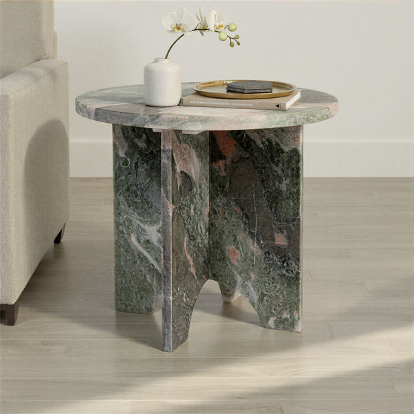 Rowena Interiors Sculptural Solid Marble Round Side Table with Interlocking Base in Mint Green and White EC2197