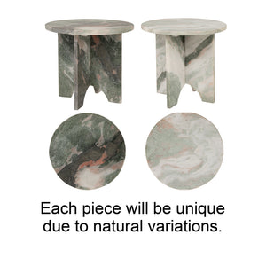 Rowena Interiors Sculptural Solid Marble Round Side Table with Interlocking Base in Mint Green and White EC2197
