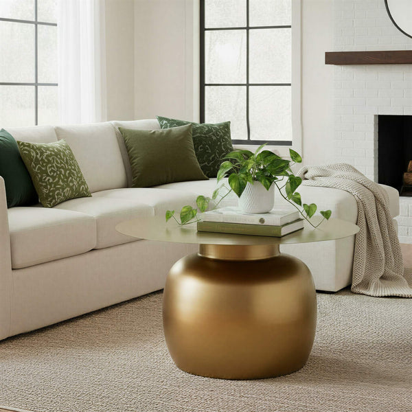 Rowena Interiors Metal Round Coffee Table Brushed Gold Sculptural Base Modern Glam Living Room EC2202